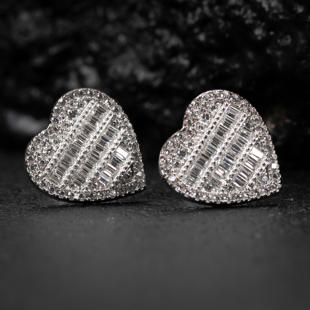 Women’s Cute White Gold 925 Sterling Silver Iced Baguette Heart Stud Earrings